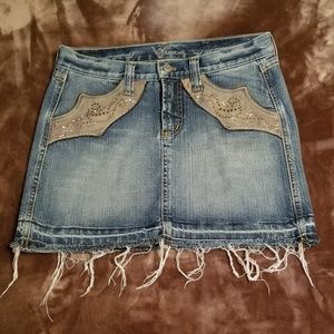 Bebe Denim Mini Skirt w/ Leather & Rhinestones